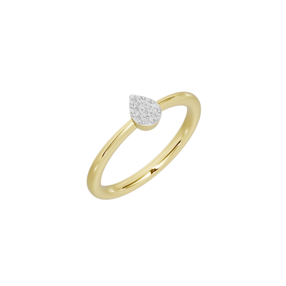 Yellow gold vermeil lab diamond ring with pear-shaped center stone, angled view.