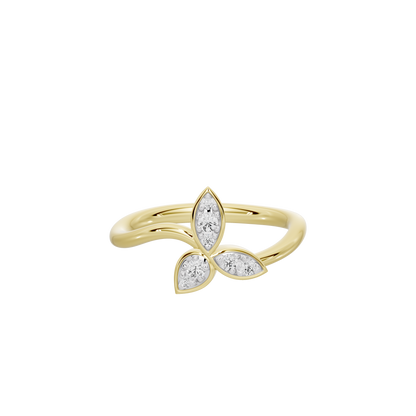Yellow gold vermeil lab diamond ring with three teardrop stones, front view