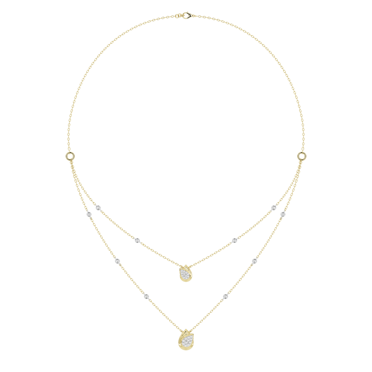 Yellow gold vermeil lab diamond necklace with three pear-shaped stones in layered chain