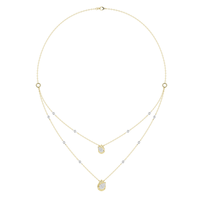 Yellow gold vermeil lab diamond necklace with three pear-shaped stones in layered chain