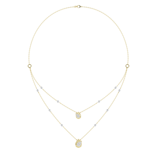 Yellow gold vermeil lab diamond necklace with three pear-shaped stones in layered chain