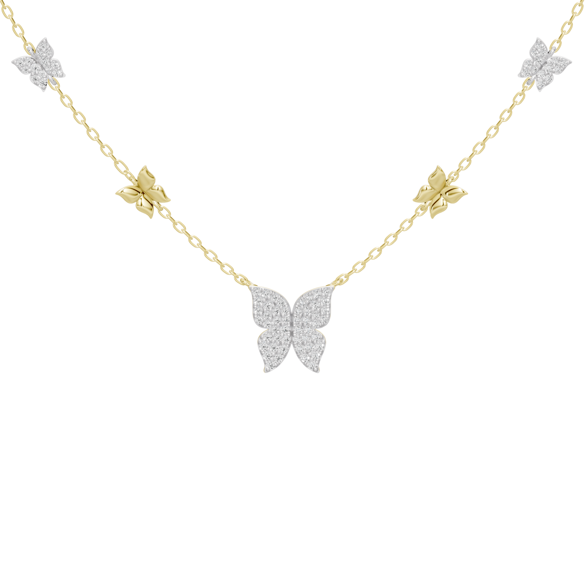 Butterfly pendant lab diamond necklace on gold vermeil chain with side stone accents