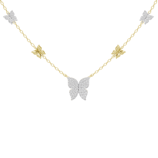 Butterfly pendant lab diamond necklace on gold vermeil chain with side stone accents