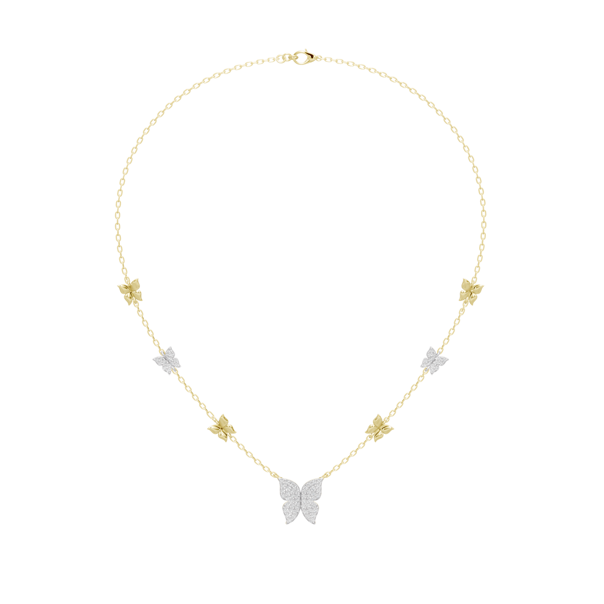 Gold vermeil lab diamond necklace with teardrop chain and butterfly pendant, sparkle tips