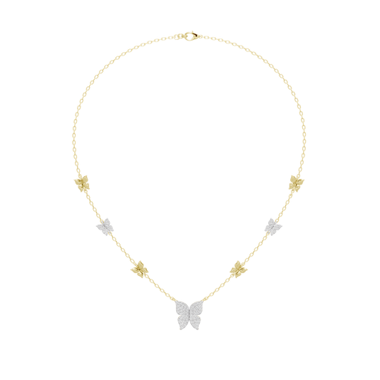 Gold vermeil lab diamond necklace with teardrop chain and butterfly pendant, sparkle tips