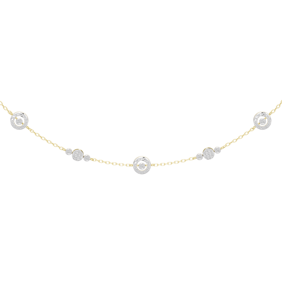 Yellow gold vermeil lab diamond necklace close-up with round bezel-set stones