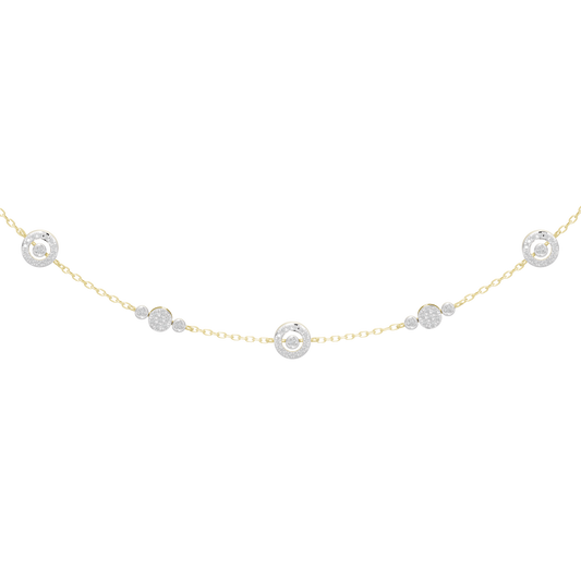 Yellow gold vermeil lab diamond necklace close-up with round bezel-set stones