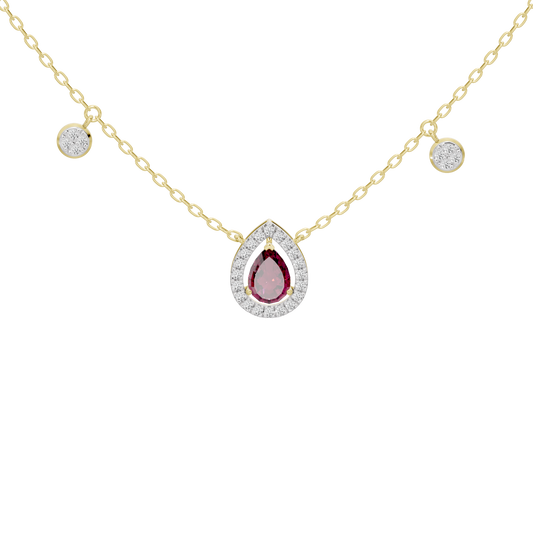 Layered lab diamond necklace with round side stones and red teardrop center