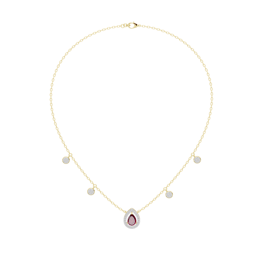 Yellow gold vermeil layered lab diamond necklace with red teardrop center charm