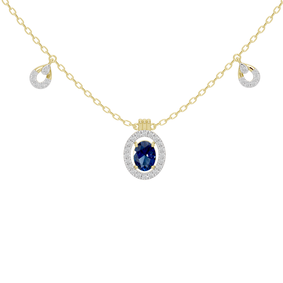 Yellow gold vermeil necklace with blue oval halo pendant and dangling round accents