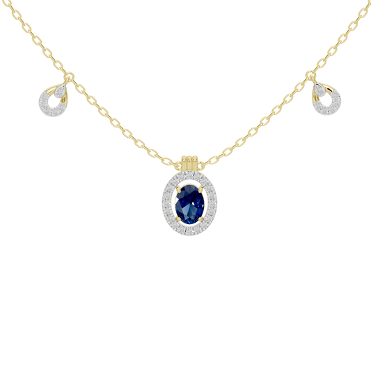 Yellow gold vermeil necklace with blue oval halo pendant and dangling round accents