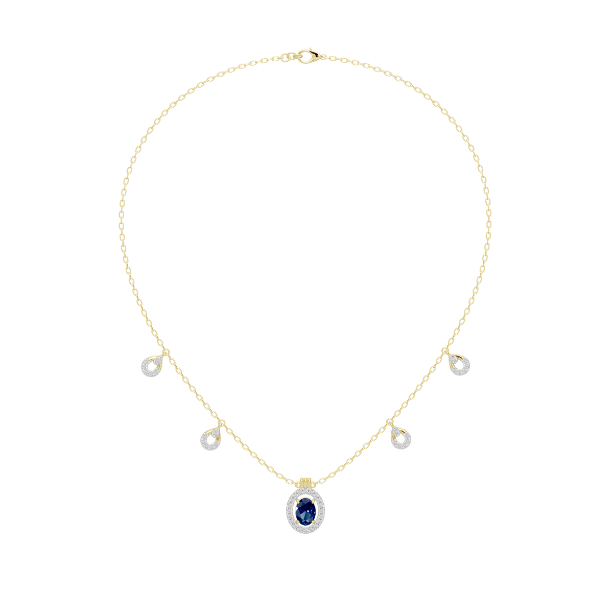 Yellow gold vermeil necklace with blue oval halo pendant and small round accents