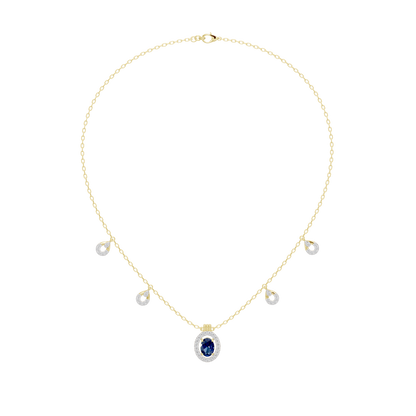 Yellow gold vermeil necklace with blue oval halo pendant and small round accents