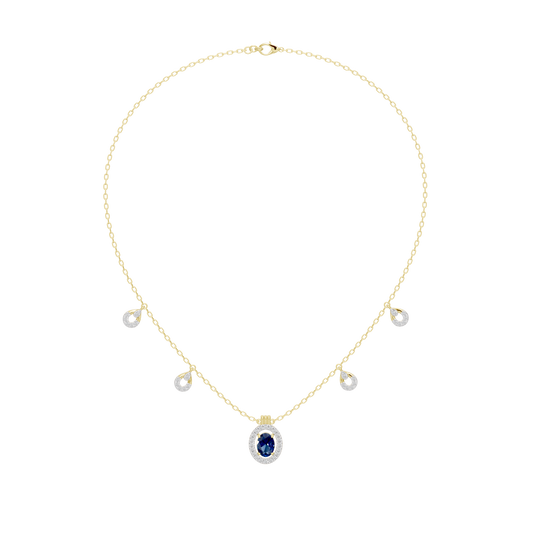 Yellow gold vermeil necklace with blue oval halo pendant and small round accents