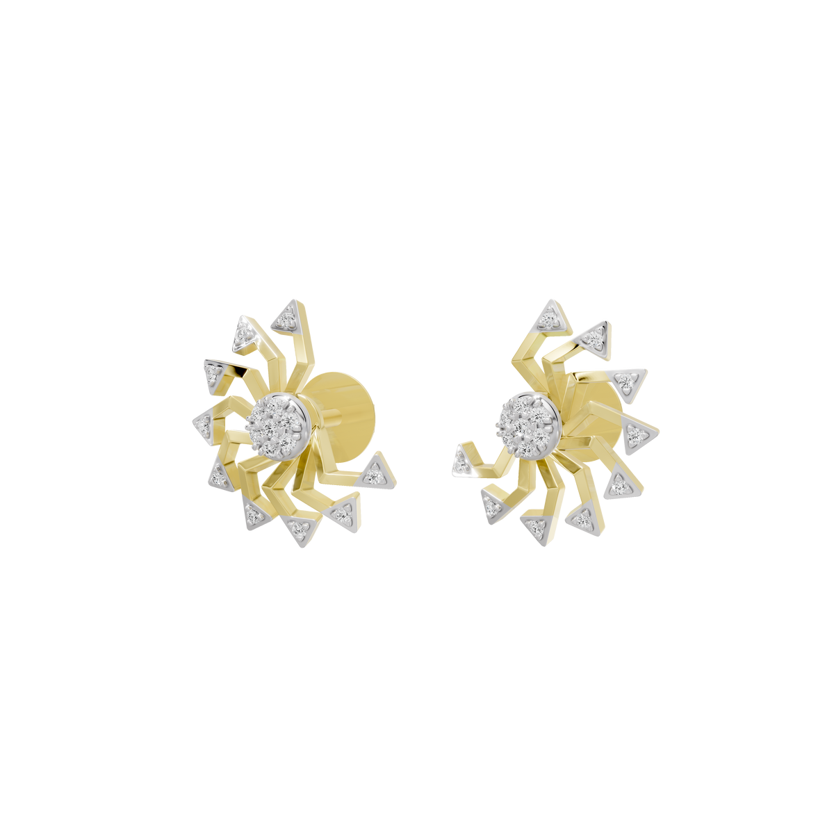 Starburst lab diamond stud earrings in yellow gold vermeil with round center stones, side view