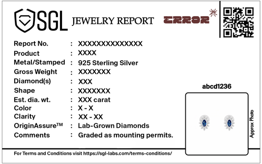 Jewelry report card with QR code and details for 925 sterling silver earrings