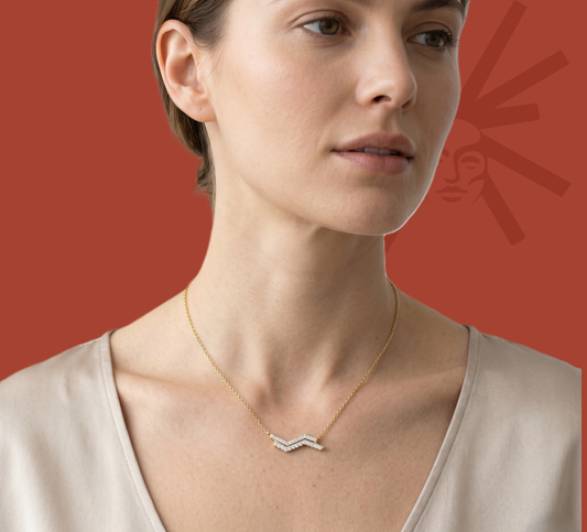 Yellow gold vermeil lab diamond necklace worn on model, V-shaped pendant