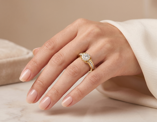 Yellow gold vermeil ring with small round diamond halo on a hand