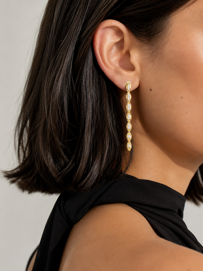 Yellow gold vermeil lab diamond drop earrings with an oval stone row