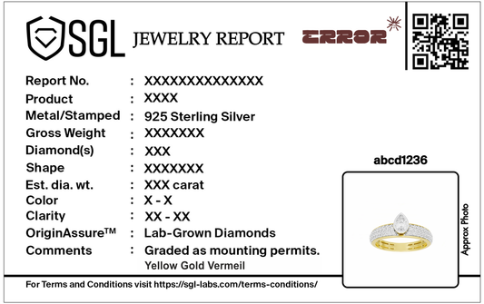 Jewelry report card for lab diamond ring with QR code and diamond details